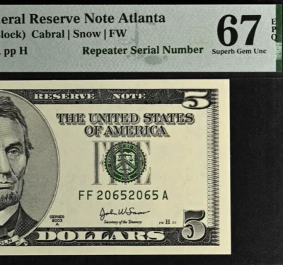 Top Pop highest graded 2003A $5 FRN PMG 67EPQ repeater serial number 20652065 - Image 1 of 4