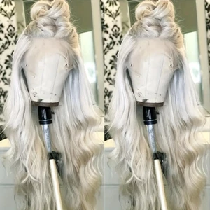 White Hair Glueless Lace Front Wigs Long Loose Wave Pre Plucked Hairline Party - Picture 1 of 5