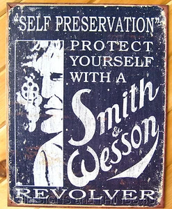 Self Preservation Smith and Wesson TIN SIGN vtg metal gun ad bar wall decor 1515 - Picture 1 of 3