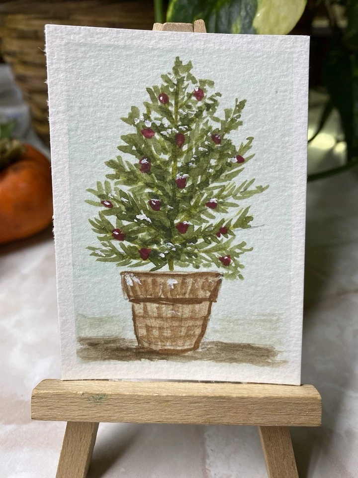 ACEO Original Watercolor 2.5”x 3.5” Painting “Christmas Tree Basket” Pamela Long - Image 1 of 1