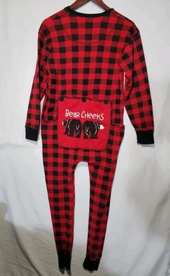 Lazy One Pajama Bear Cheeks Red Plaid Long John Flapjack One Piece Adult M Cabin - Image 1 of 4