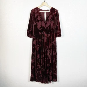 Calvin Klein Womens Velvet Floral Burnout Faux Wrap Midi Dress in Maroon Size 14 - Picture 1 of 16