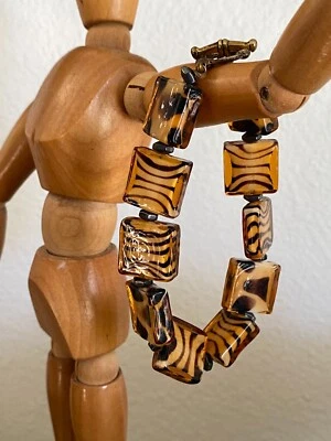 Striped Marbled Glass Beaded Fashion Bracelet 8.75" Metal Toggle Square Brass - Image 1 of 4