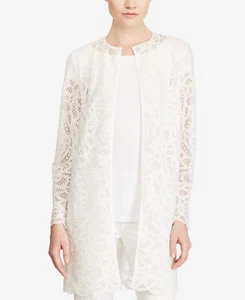 $305 LAUREN RALPH LAUREN PIZZO ORLO SMERLATO APERTO DAVANTI GIACCA CARDIGAN ANTIPOLVERE TAGLIA S - Foto 1 di 8