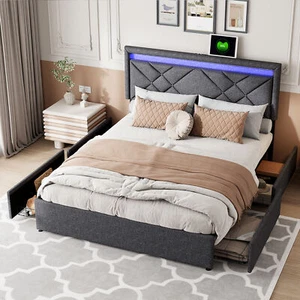 Polsterbett 160x200 Doppelbett Lattenrost Bettgestell mit LED, USB, 4 Schubladen - Bild 1 von 11