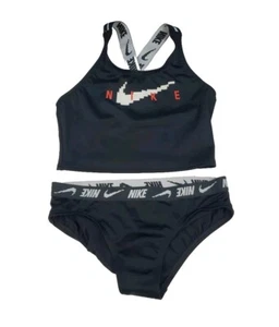 Nike Girl's Logo Tape Black Crossback Midkini Bikini Set Swimsuit Size M NEW - Picture 1 of 10