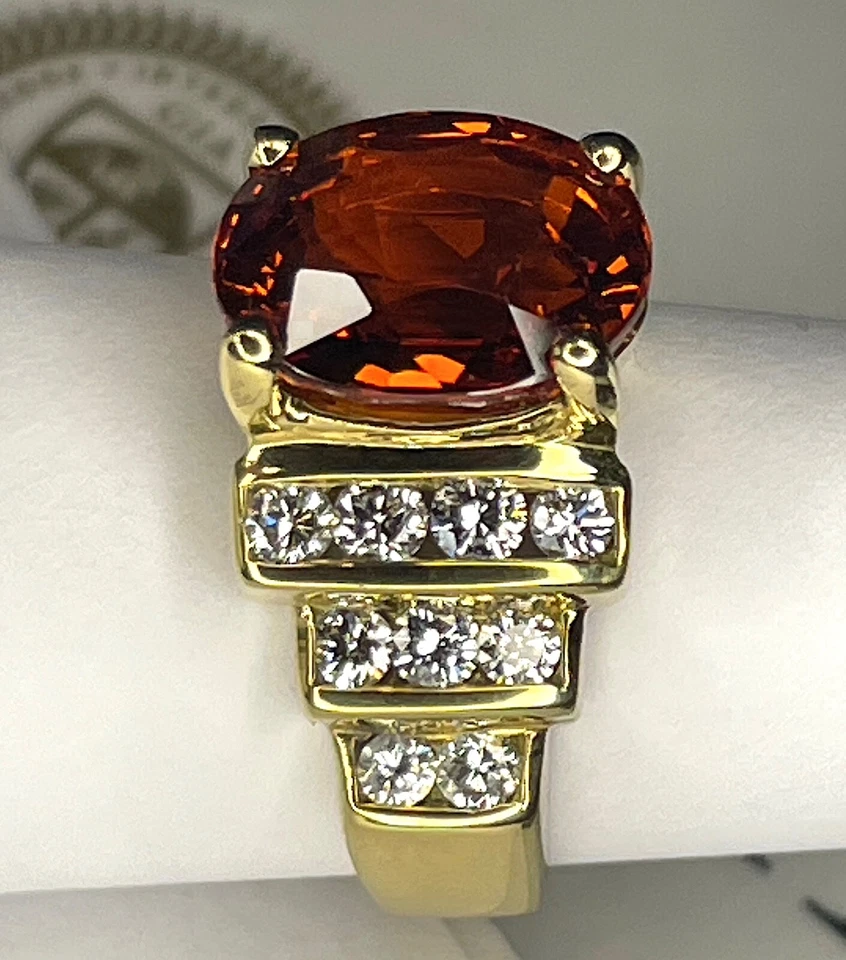 ГРАНАТ ГИА СПЕССАРТИН 5,11 карата НЕОТАПЛИВАЕМОЕ ЗОЛОТО 18 КАРАТ ПОЧТИ БЕСЦВЕТНЫЕ БРИЛЛИАНТЫ - Изображение 1 из 4