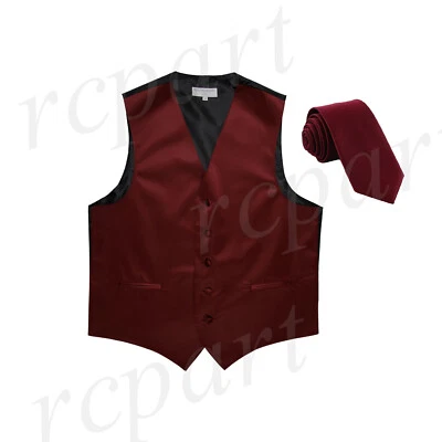 New Men's Tuxedo Vest 2.5" Skinny Necktie prom party Burgundy formal wedding - Image 1 of 3