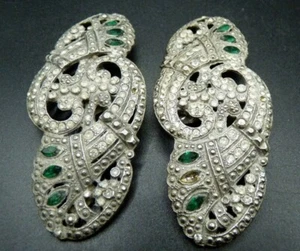 Antique 1920s 3.5" Art Deco Shoe Clips Set Green & Clear Rhinestones From - Picture 1 of 5