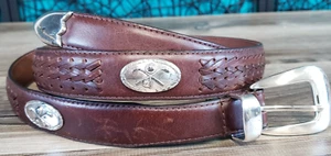 Vtg Classic Brown Full Grain Leather with Silver Conchos Golf Belt Sz 44 Flaws - Picture 1 of 12