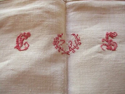 Drap N°82 ancien en fil de lin et lin monogramme rouge CE73   200 X 320 Cm     - Photo 1/4