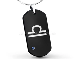 Libra Zodiac Sign Dog Tag Tungsten Pendant Mens 0.07ct Blue Sapphire Pendant - Picture 1 of 27