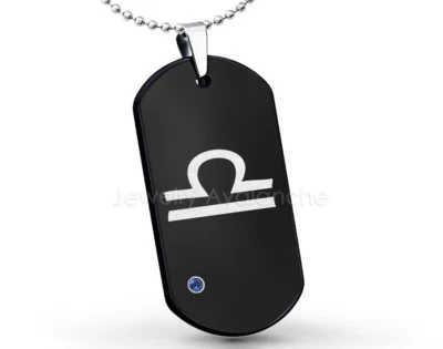 Libra Zodiac Sign Dog Tag Tungsten Pendant Mens 0.07ct Blue Sapphire Pendant - Image 1 of 3