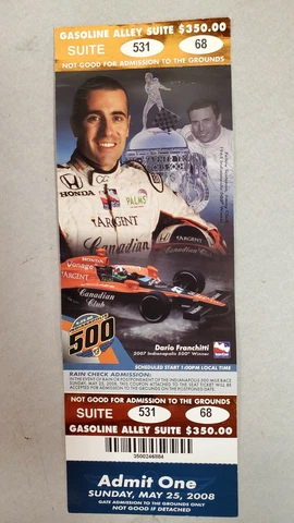 2008 INDIANAPOLIS 500 Mile Race full unused Rare Suite ticket Dario Franchitti Cover