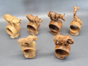 Vintage 6 Pc Hand Carved Wooden African Safari Animal Napkin Ring Holders Kenya - Picture 1 of 15