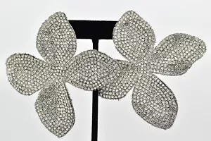 Huge Rhinestone Crystal Flower Earrings Chunky Bridal Wedding Silver Tone BinAK - Picture 1 of 16