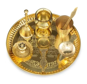 Puja Thali Set Brass Pooja Thali Set 8 Inch with Pital Plate Glass Kalash Spo... - Picture 1 of 5