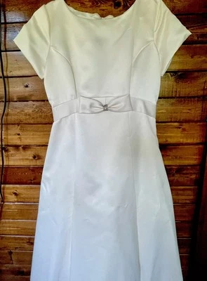 Fiesta Modest Cap  W Sleeve Wedding  Dress Med White Satin Long - empire waist - Image 1 of 4