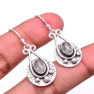 Natural Black Rutilated Quartz Designer 925 Sterling Silver Earring 1.56" E25 - Image 1 of 4