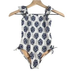 Crewcuts Girls Swimsuit Size 4-5 White Blue Floral Ruffle Straps Tie Sides Kids - Picture 1 of 3