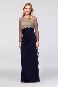XSCAPE Illusion Long Sleeve Lace and Matte Jersey Gown NAVY GOLD SIZE 6 NEW *A - Picture 1 of 3
