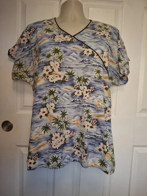 S.C.R.U B.S. Brand Size Large Tropical Beach Palm Ocean Scrub Top Womens Print - Image 1 of 4