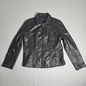Alfani Lederjacke Damen Medium schwarz durchgehender Reißverschluss echter Kragen gefüttert - Bild 1 von 17