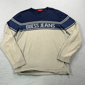Guess Jeans Sweater Mens Medium Blue Beige V-Neck Lightweight Preppy Adult - Picture 1 of 9