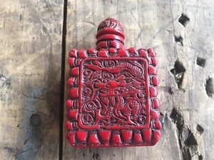 Asian Snuff Bottle with Cinnabar Color Carved Intricate Red Resin Dragon 🐉 - Picture 1 of 6