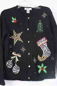 Kikit Black Christmas Sweater Size M Button Front Appliques with Animal Fabrics - Picture 1 of 5