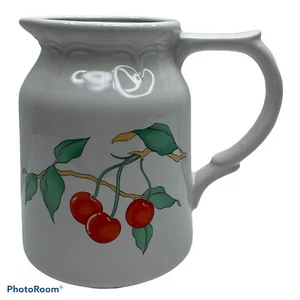 Pitcher Porcelain Pinched NeckHand Painted White And Cherries With Leaves - Picture 1 of 11