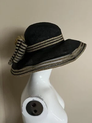 Vtg Mr John Classic Kentucky Derby Hat Black Gold Straw Flowers Church Designer - Image 1 of 4