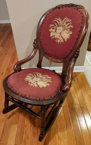 Antique Needlepoint Tapestry Carved Wood Rocking Chair Rocker Cover
