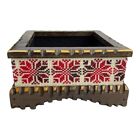 Wood Open Storage Box/Napkin Holder  Carved Red Snowflake Cross Stitch Holiday