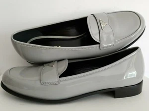 PRAD A MILANO AMAZING RARE GREY PATENT LOGO PENNY LOAFERS EU 41.5 I LOVE SHOES - Picture 1 of 8