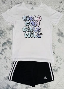 Girls Adidas White “GIRLS CAN, GIRLS WILL” T-Shirt & Black Shorts Sz/ L (14) - Picture 1 of 7