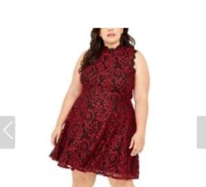 City Studio Cocktail Dress Plus Size 24 Red Black Lace High Neck Fit and Flare