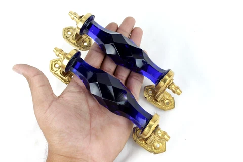 Cut Glass Door Handles Vintage Victorian Cobalt Blue Glass Brass Handle Set 2 Pc Cover