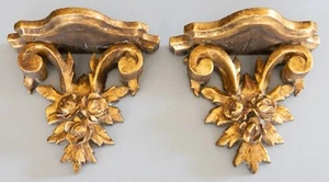Pair of Vintage Mid 20th Century Italian Gilt Wood Roses Wall Brackets Shelves - Picture 1 of 7