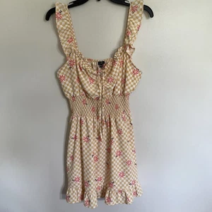 Juniors Lily Rose Mini Dress Size Large Check Floral Sleeveless Smocked Ruffle - Picture 1 of 16