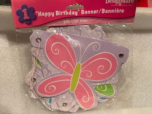 Girl's Happy Birthday Banner Butterfly/Floral Design 5 FT Length *NEW/Sealed xx1 - Picture 1 of 4