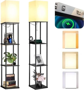 2 Packs Floor Lamp w. Shelves Including 2AC Outlets 2USB Ports 9W LED Light Bulb - Picture 1 of 9