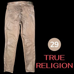 True Religion Halle coated Mid-Rise classic Skinny Jeans in shimmery gold - 29 - Picture 1 of 22