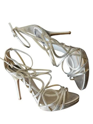 Sandalias Christian Dior doradas de alta costura con tiras tacón de aguja 38,5 Y2K Foto 1 de 4