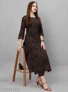 Women's Indian Traditional ready to wear Printed Pattern Cotton Kurti with Pant - Picture 1 of 4