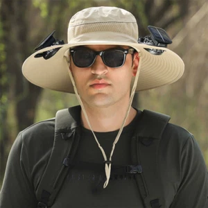 Wide Brim Bucket Sun Hat With Solar Fan Men Fishing Hiking Outdoor Cooling Women - Picture 1 of 12