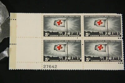 US Stamp 5c City Mail Red Cross 1963 Plate Block - Gum Adhered to Glassine ST029 - Image 1 of 2