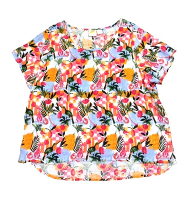 NEW C&C California 100% Linen Floral Blouse Top Curvy Fit 1X Tropical Birds Fish - Image 1 of 4