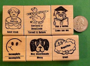 Spanish/English Teacher's Bilingual Rubber Stamp Set of Six  - Picture 1 of 2