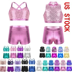 Niñas Trajes de Baile Lentejuelas Brillantes Espalda Cruzada Top Corto con Botín Pantalones Cortos - Imagen 1 de 85
